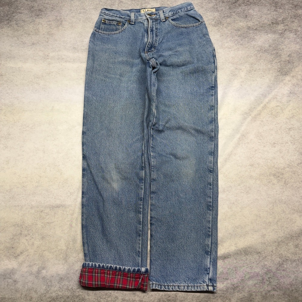 LL Bean Flannel Lined Jeans 6 REG Relaxed Fit Medium Wash Vintage 90s Plaid